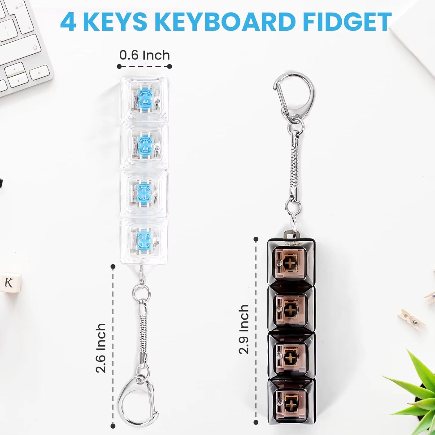 4 Keys Keyboard Fidget Toy Keychain Stress Relief Clicker Fidget Keyboard with LED, Squeeze Toy Crystal Transparent Bag Charm
