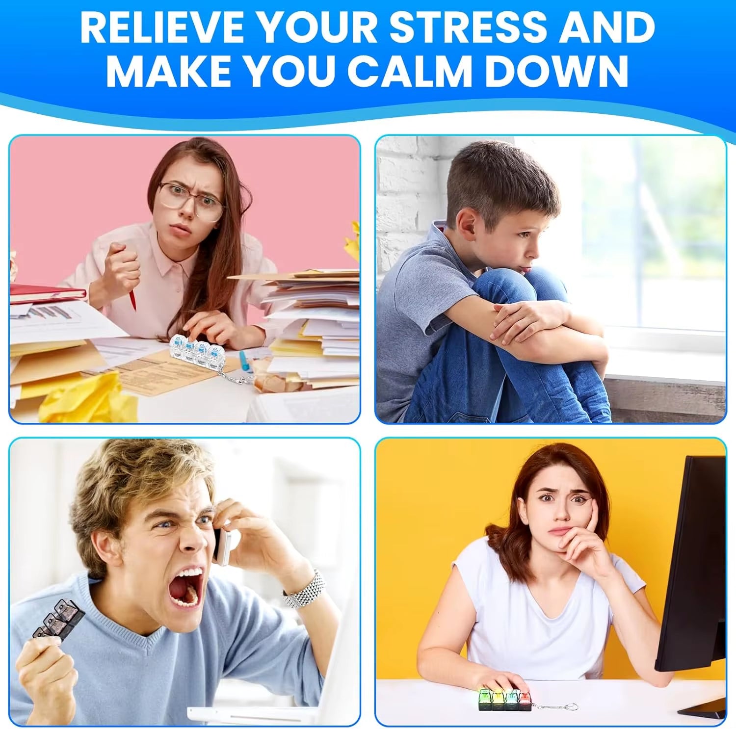 4 Keys Keyboard Fidget Toy Keychain Stress Relief Clicker Fidget Keyboard with LED, Squeeze Toy Crystal Transparent Bag Charm